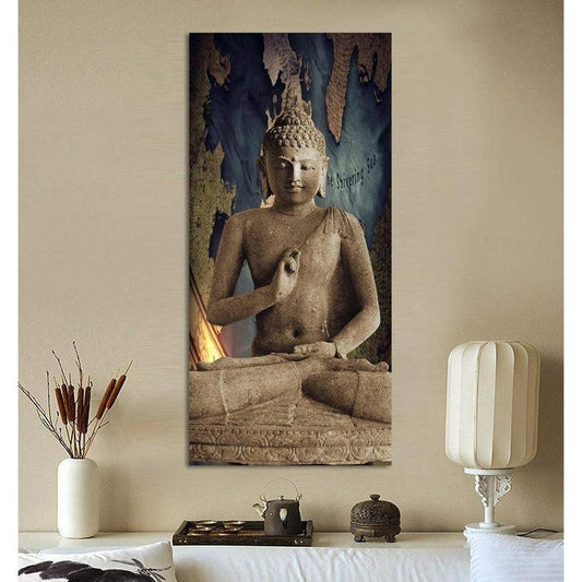 Représentation de Bouddha sur toile, ambiance sereine et spirituelle