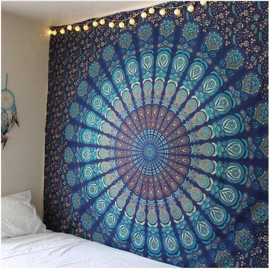 Tapisserie mandala déployée, montrant ses couleurs vives
