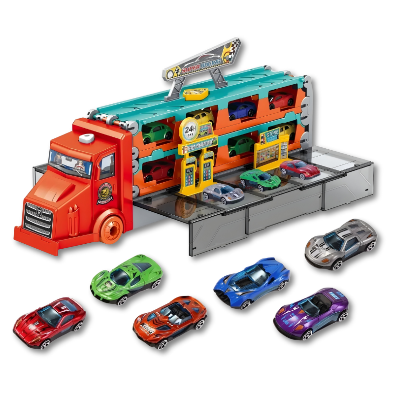 Camion transporteur rouge, idéal pour jeu créatif