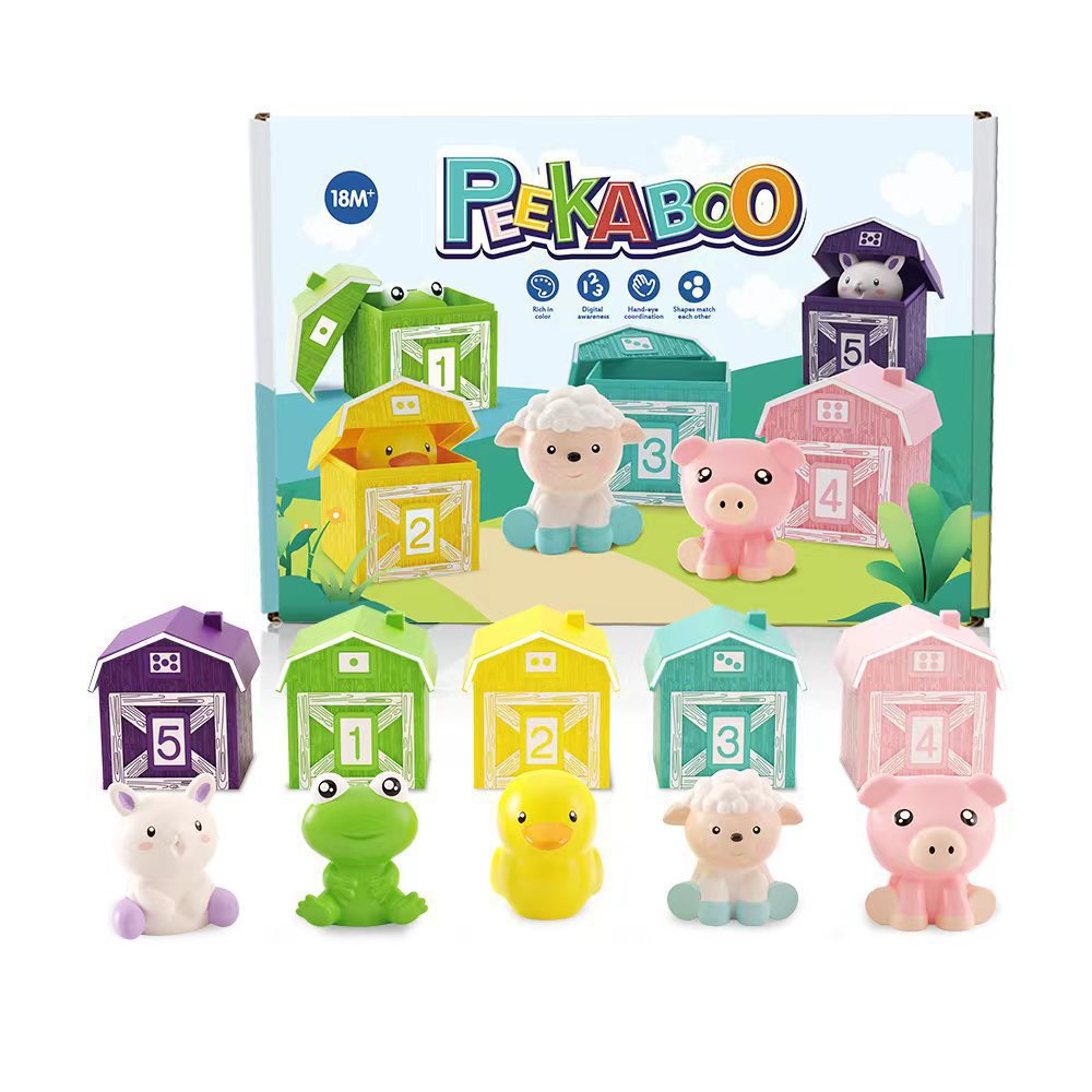 Cinq animaux en silicone, couleurs vives, bords arrondis