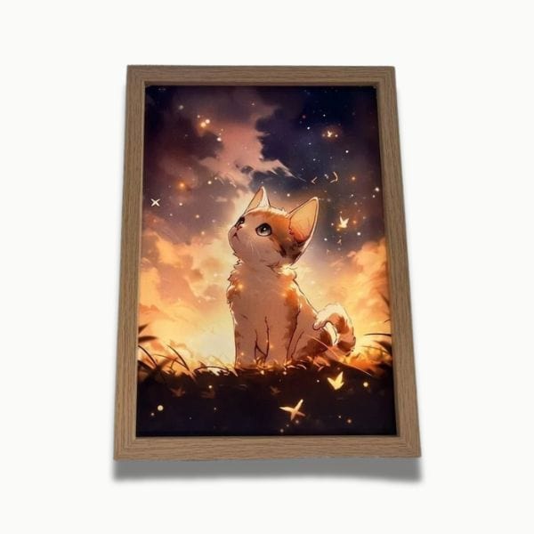 Veilleuse en bois naturel avec motif chat et ciel étoilé