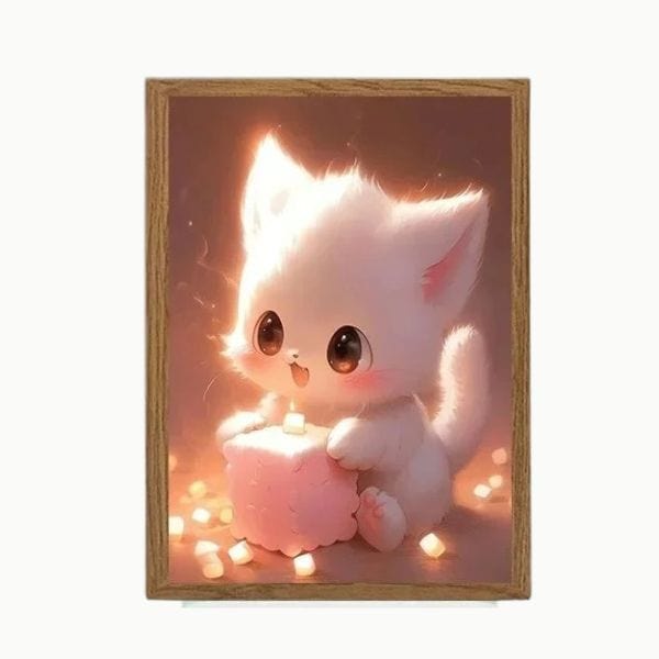 Veilleuse chat rose allumée sur une table en bois