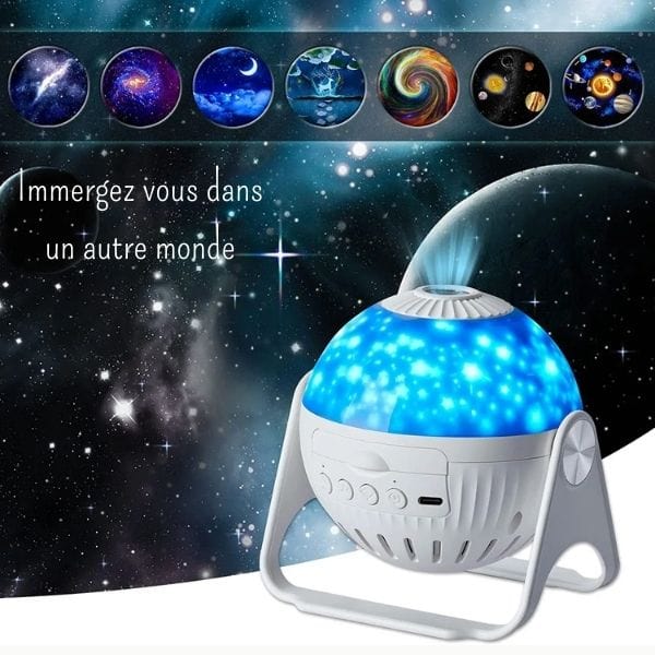 Vue rapprochée de la veilleuse avec motifs galactiques