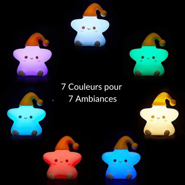 Veilleuse étoile LED allumée sur une table de nuit