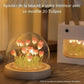 Veilleuse tulipe sous dôme en verre avec base en bois