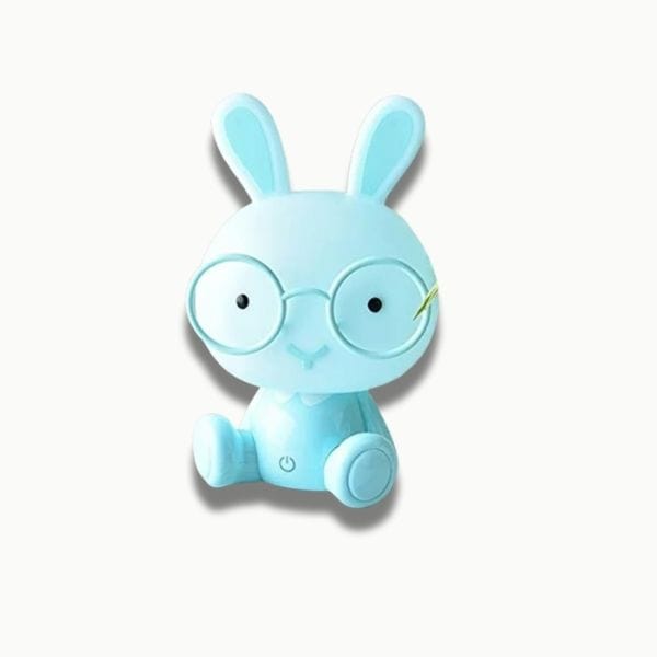 Veilleuse lapin bleue, lunettes, ambiance cosy