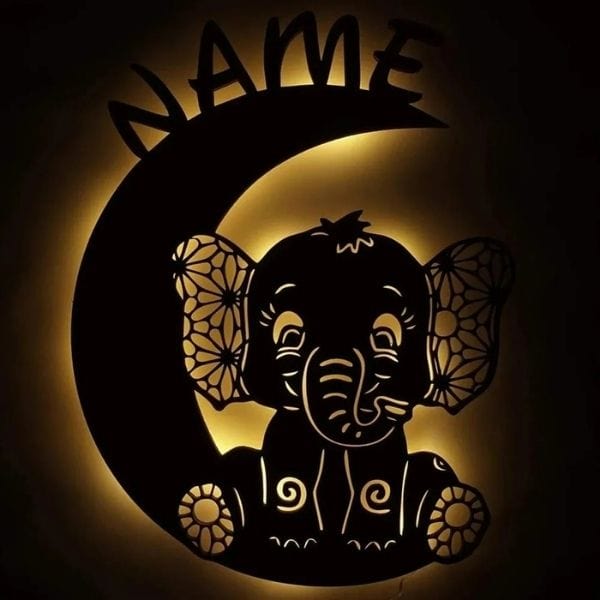 Veilleuse murale en forme d'éléphant et lune allumée