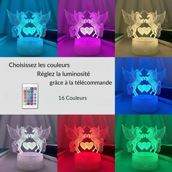 Deux licornes gravées sur plaque acrylique illuminée