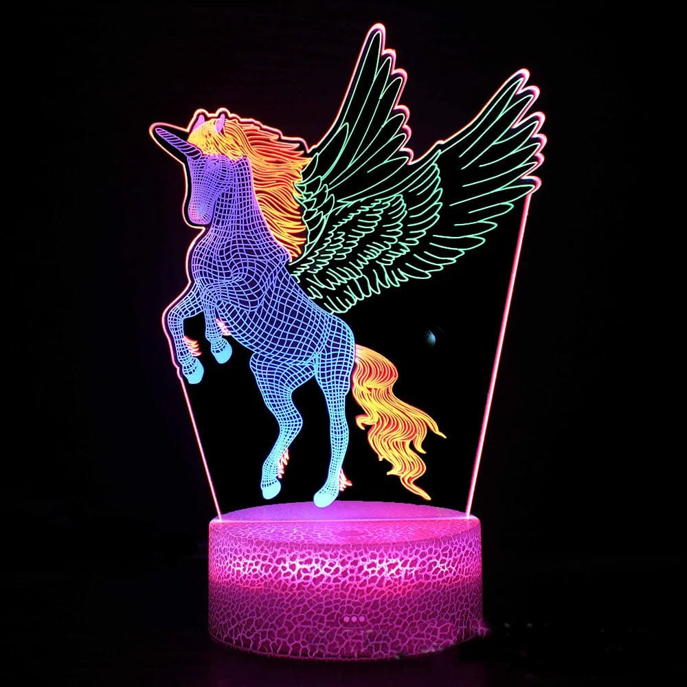 Veilleuse licorne en acrylique 3D allumée, vue de face