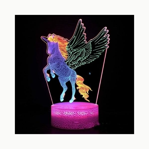 Vue latérale de la veilleuse licorne, interrupteur tactile visible