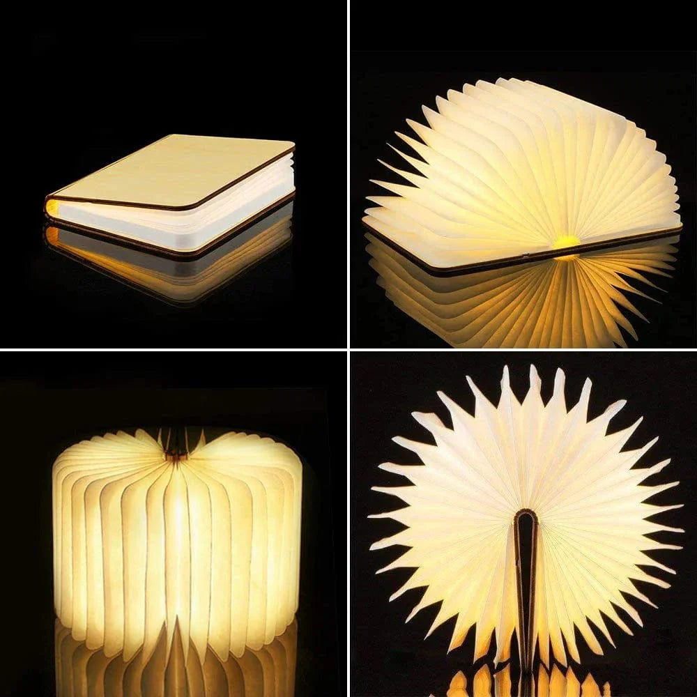 Veilleuse LED blanche pliée, design livre, sur fond neutre