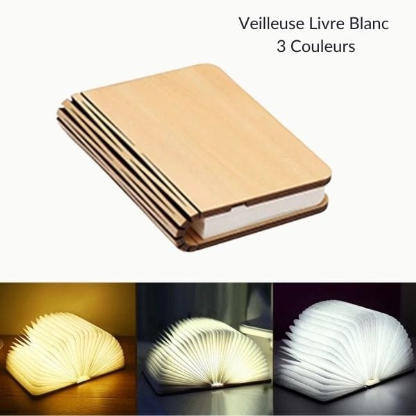 Veilleuse LED blanche avec trois couleurs, posée sur une étagère