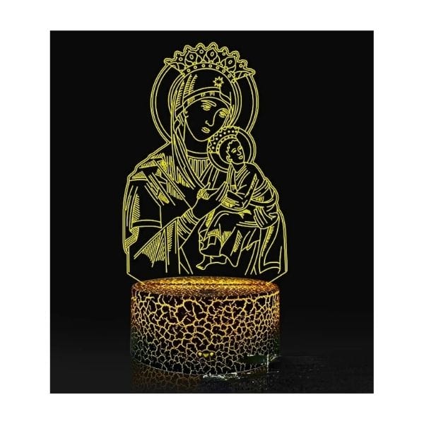 Détail du motif 3D Vierge Marie sur veilleuse LED