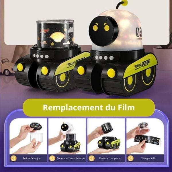 Vue rapprochée du projecteur rotatif de la veilleuse pour enfants