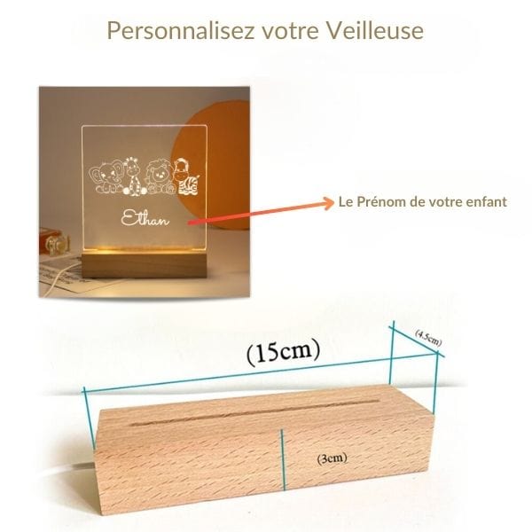 Veilleuse safari animaux avec prénom lumineux dans chambre d'enfant