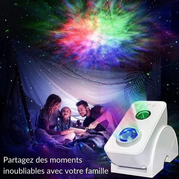 Veilleuse projetant des étoiles au plafond dans une chambre sombre