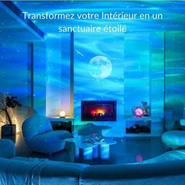 Veilleuse projetant des aurores boréales sur un mur sombre