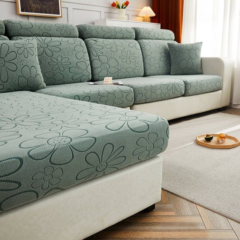 Vue latérale d'un coussin recouvert de housse polaire verte