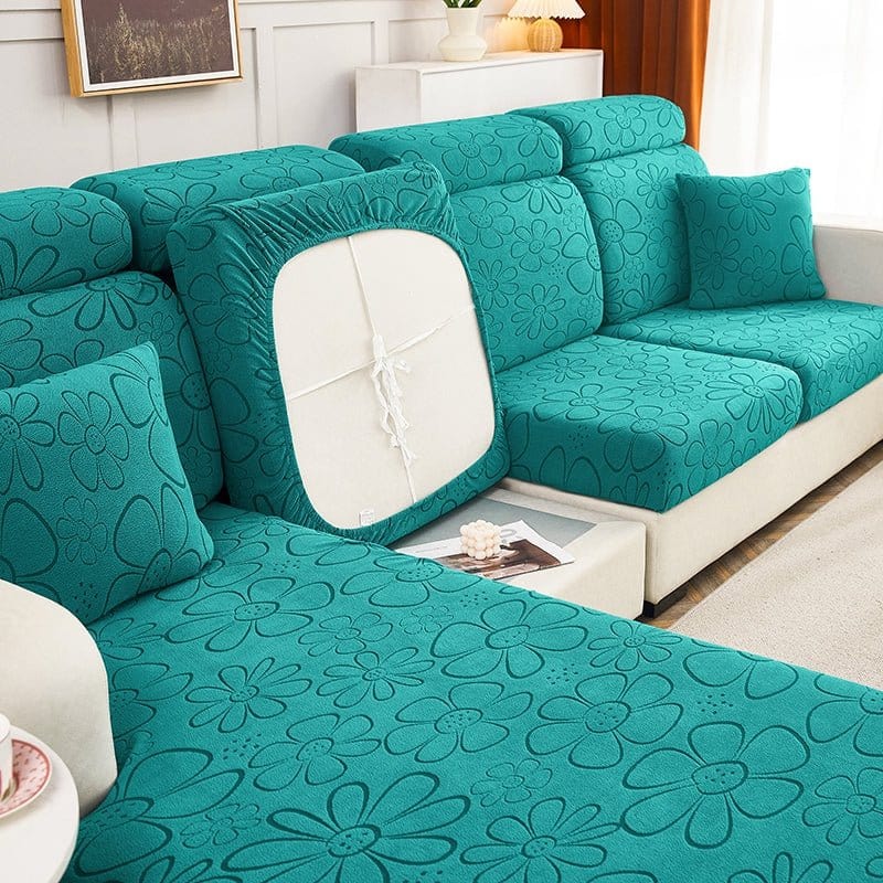 Housse polaire verte installée sur coussin de dossier