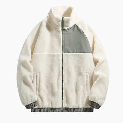 Veste homme crème bi matière avec col montant et fermeture éclair