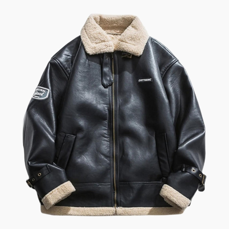 Détail du col mouton synthétique réglable sur veste noire