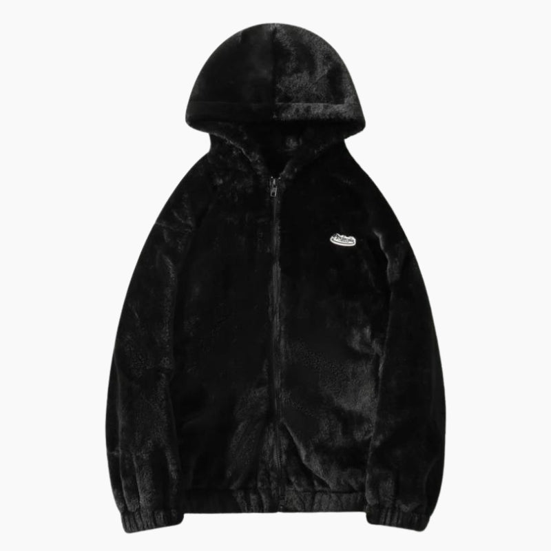 Détail de la capuche et fermeture éclair d'une veste polaire noire