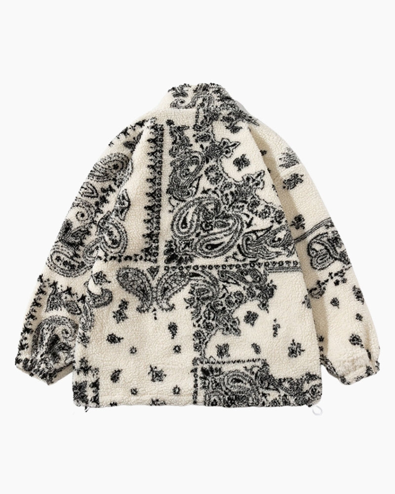 Veste en peluche crème avec motifs ethniques et col montant