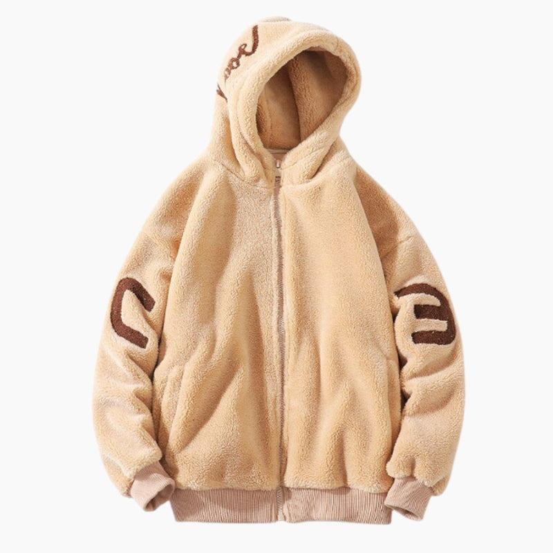 Veste polaire beige, capuche et poches visibles