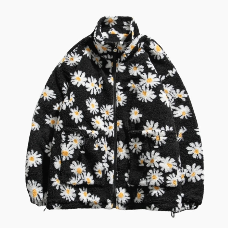 Veste noire pour homme avec motifs floraux et fermeture éclair