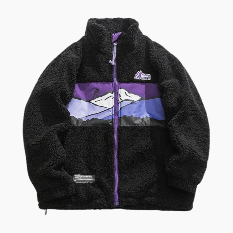 Détail de la veste Pilou Pilou noire à motifs violets