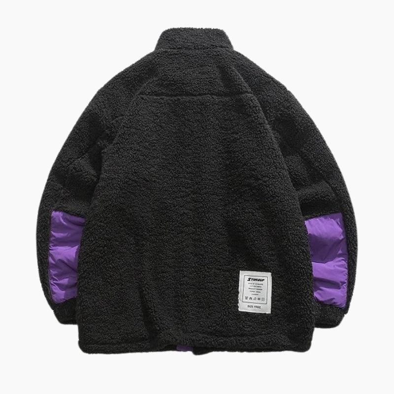 Veste noire femme avec motifs violets, matière Pilou Pilou