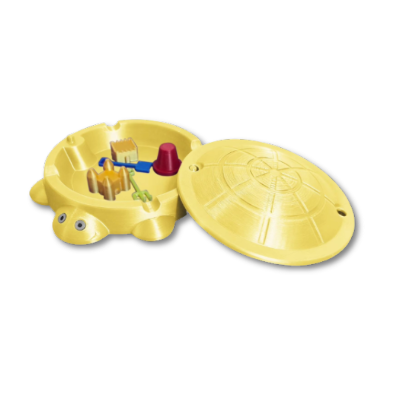 Sandbox sensoriel tortue en plastique jaune avec formes de jeu